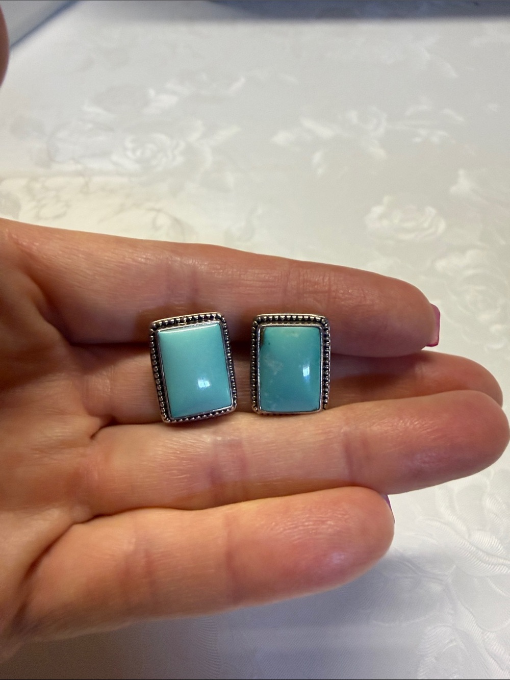 Turquoise Rectangular Stone Silver-Trim Earrings - Women Jewelry Earrings